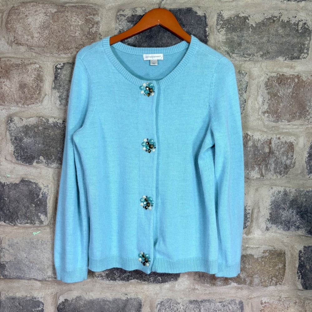 Christopher & Banks Blue Beaded Floral Snap Front Cardigan Rabbit Hair Blend L